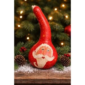 Vtg Hand Painted Santa Claus Gourd 8" Tall - Christmas Folk Art Primitive Decor